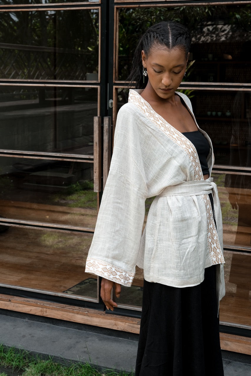 Short Kimono Linen - Beige/White