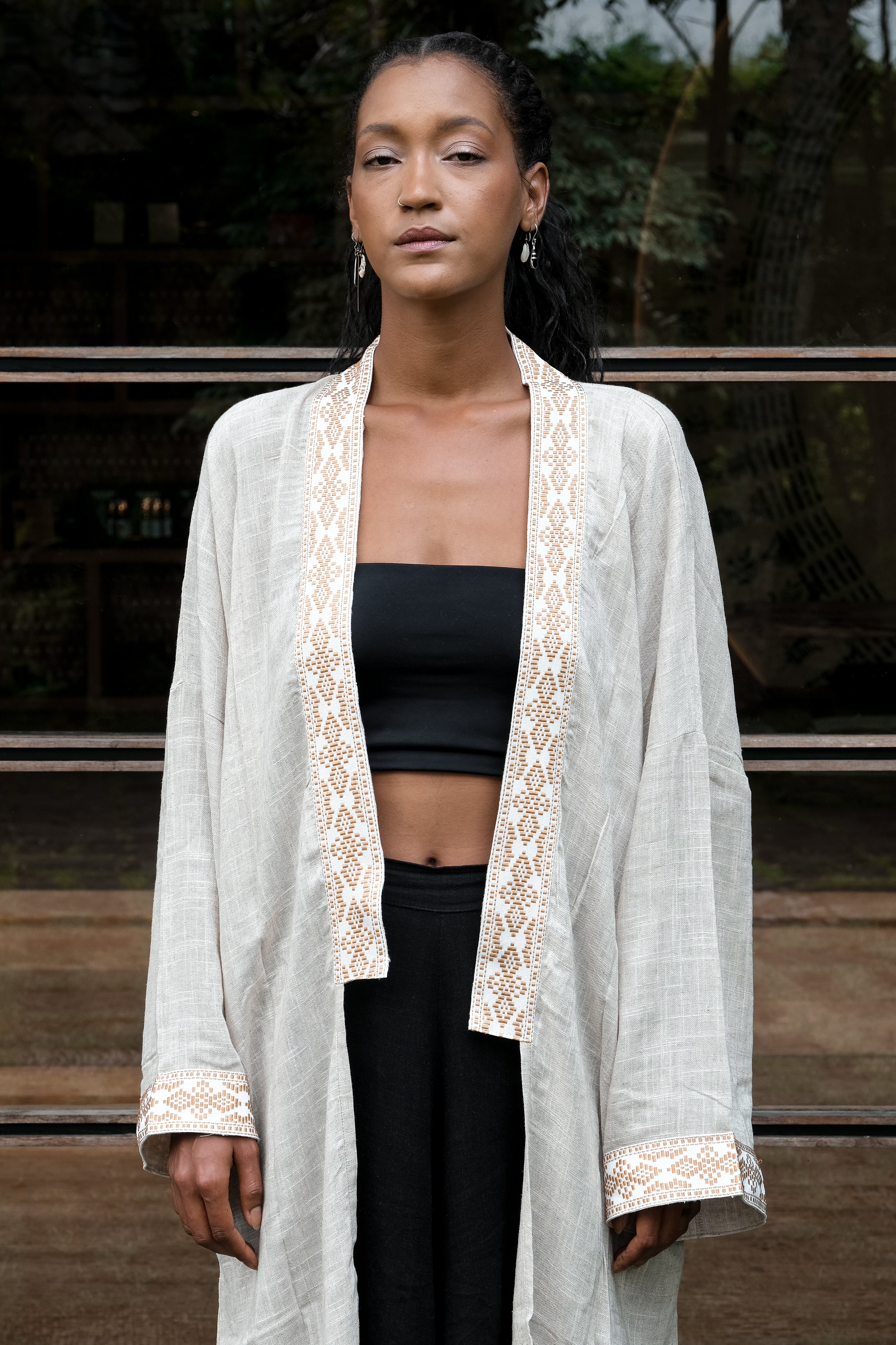 Long Kimono Linen - Beige/White