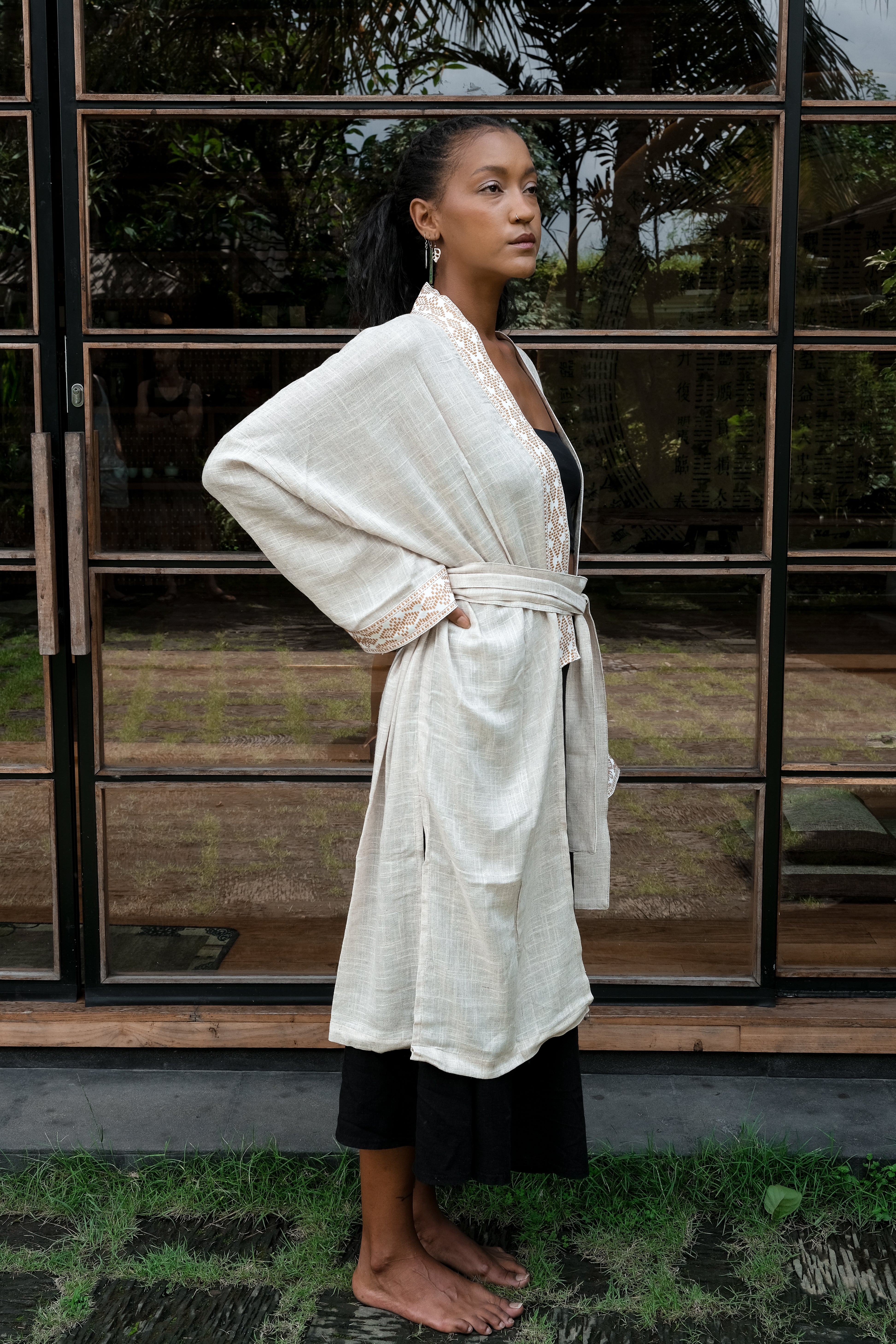 Long Kimono Linen - Beige/White