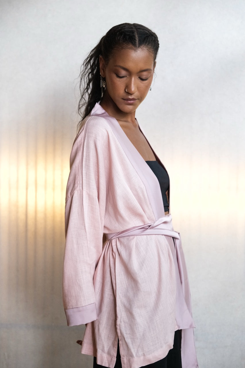 Short Kimono Linen - Pink/Pink Satin